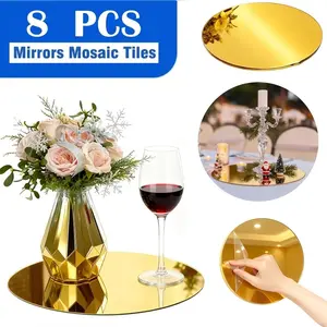 8 sets of 25cm golden circular acrylic mirror trays | Home decoration, with candle tray, suitable for wedding desktop decoration, birthday party decoration, photo props, with anti slip pad, Acrylic Coasters, Round Coaster
