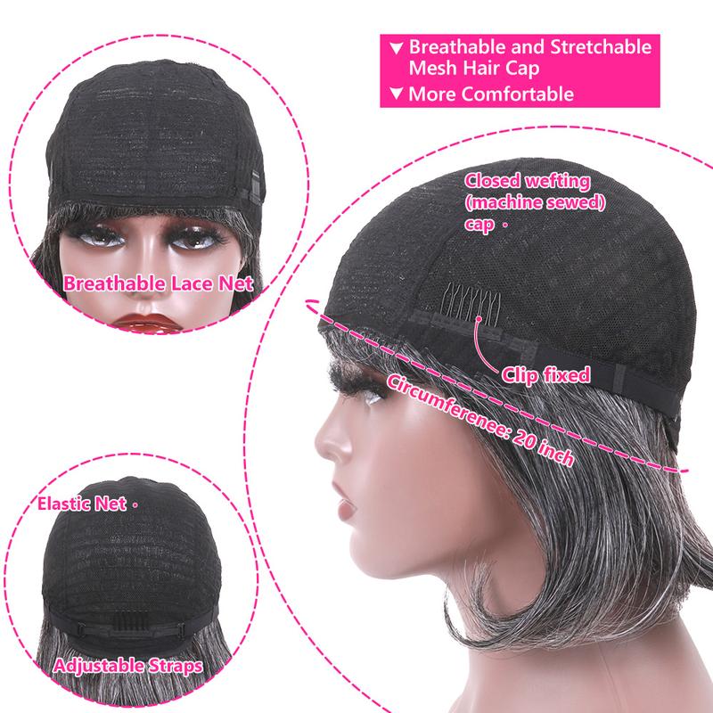 Dark Gray Ombre Layered Wigs with Curtain Bangs for Black Women Mixed Short Gray Highlight Wavy Layered Wig for White Women Black ang Grey Wavy Bob Hair for Daily Use Natural Looking Mixed Wigs for Thinning Hair Daily and Cosplay