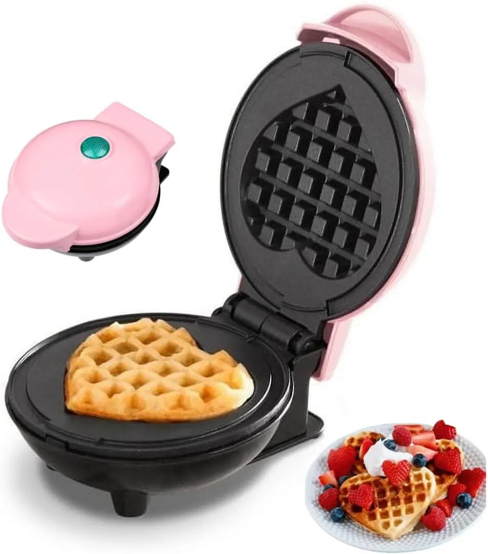 Mini Maker Waffle Maker 4“ Non-Stick Waffler Iron Stuffler Stuffed Wafflera Adjustable Browning Control, Heart, Pink