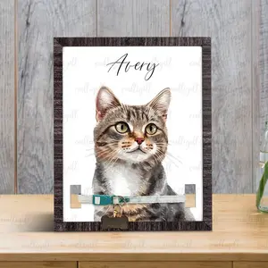 Customized Cat Memorial Frame With Pet Portrait Photo, Remembrance Gift For Loss Pet, Loss Cat Collar Keepsake With Pet Portrait From Photo