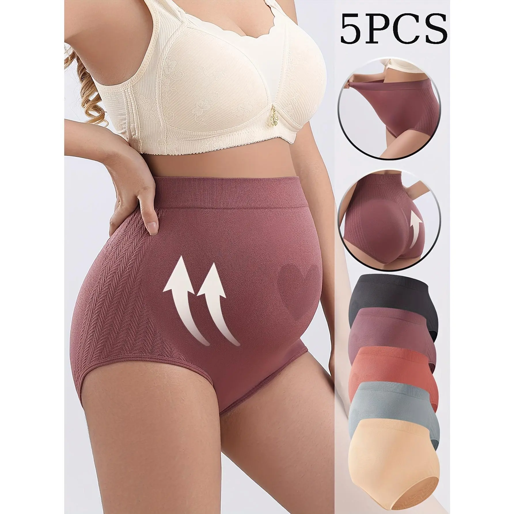 5pcs High-Waisted Maternity Support Panties, Comfortable Breathable Pregnancy Underwear, Multiple Colors, Heart Pattern, High-Elasticity Slim-Fit Briefs, Four-Season Abdominal Support Maternity Panties
