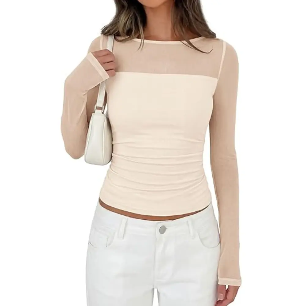 PRETTYGARDEN Women's Fall Long Sleeve T Shirts Sheer Mesh Boat Neck Ruched Fitted Going Out Summer Tops Fashion Clothing