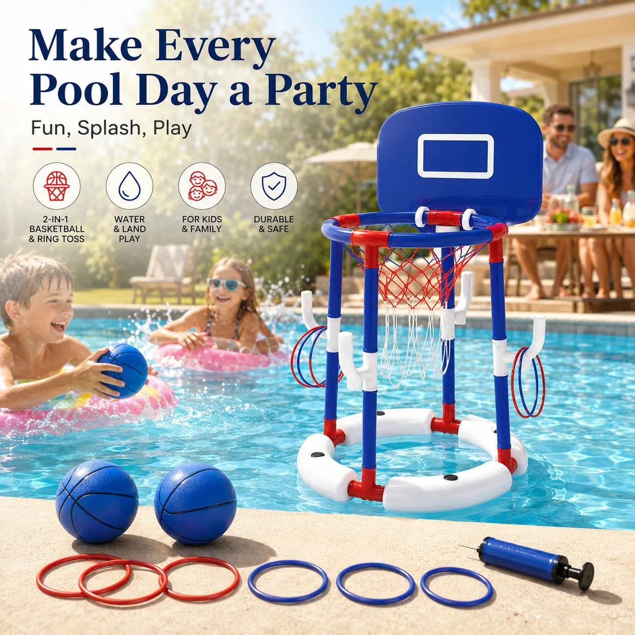 Pool Party Just Got Better  2-in-1 Basketball Hoop + Ring Toss Set