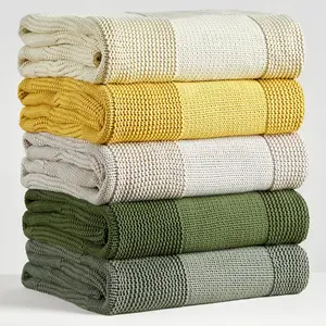 100% Cotton Chunky Cable Knit Throw Blanket for Sofa Couch Bed Baby Nursery, Farmhouse Chessboard Grid Woven Blanket with Bonus Laundering Bag, 51 x 63 Inches, Cream
