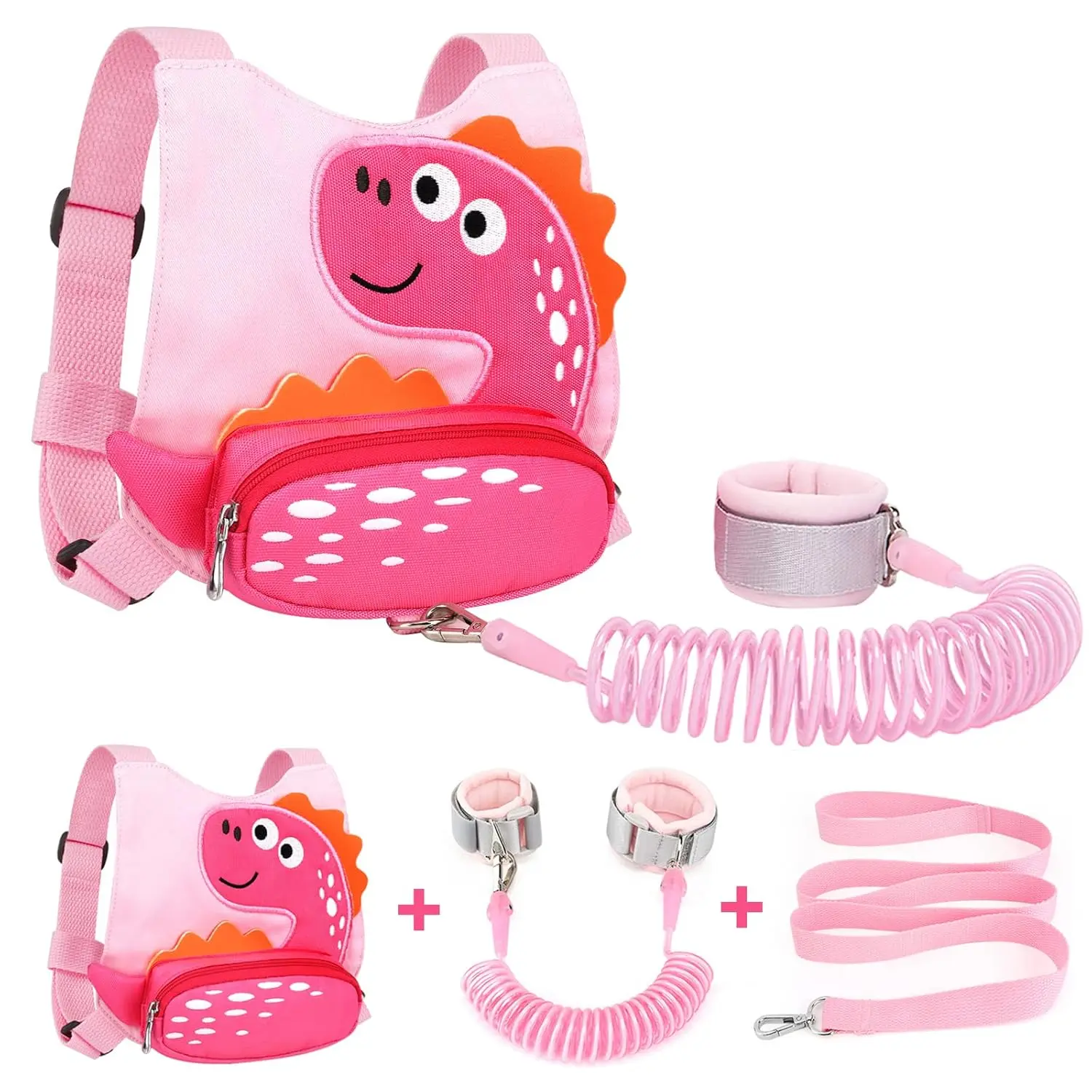 KF5-CPB06 Toddler Leash Harness + Anti Lost Wrist Link, Cute Dinosaur Kids Harnesses with Leashes,3 in 1 Baby Walking Wristband Child Outdoor Anti-lsot Tether Rope Reins for Chidren Girls (Pink)