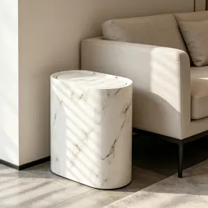 Modern Slim Oval Trash Can with Press Lid, Waterproof & Stylish Marble Print Garbage Bin for Small Spaces & Home Decor, Trash Can Bathroom with Lid