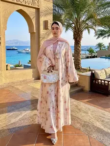 Arabic Women Abaya Set, Floral Print Abaya, Tulip Decoration Satin Kimono and Dress, Romantic Floral Summer, Elegant and Stylish