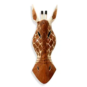 Wooden Tribal Giraffe Mask Brown White Hand Carved Wall Plaque Hanging Home Decor Accent Unique Sculpture Decoration Handmade Handcrafted Decorative