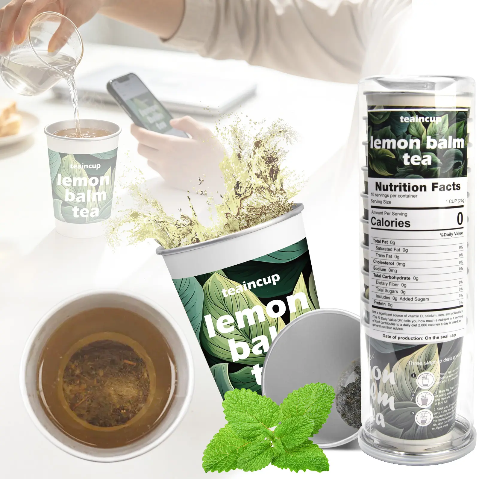Herbal Tea in Cup for Tea Lover 10Pcs, Complete Tea Leaf, Latest Tea 4 Tea Flavor Choice, Lemon Balm Immune Support Tea, Hormone Bliss tea, Chamomile Stress Relief Tea, Green Tea Support Digestion, Healthy Drink Ready in Seconds, Instant Daily Tea