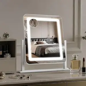 LED Vanity Light Mirror, 15"×12.2" Large HD Smart Touch Model with 3-Color Dimmable Settings, 360° Rotatable Tabletop Option for Vanity Desk, Bedroom