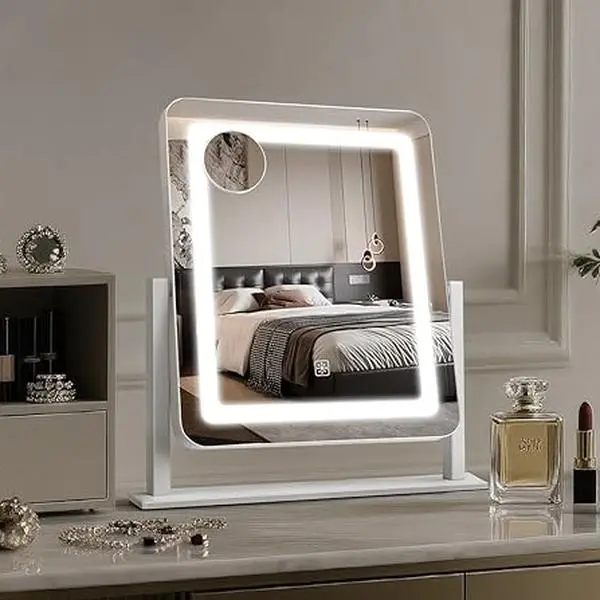 LED Vanity Light Mirror, 15"×12.2" Large HD Smart Touch Model with 3-Color Dimmable Settings, 360° Rotatable Tabletop Option for Vanity Desk, Bedroom