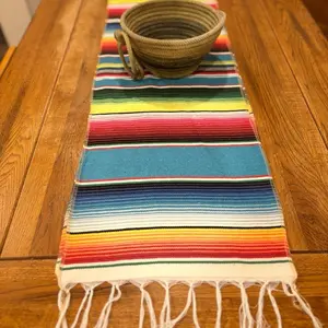Western Serape Tablecloth - Colorful Striped Design with Fringe Edges for Decorative Use