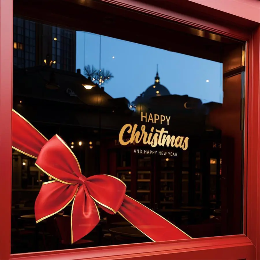 1Pc 45cm * 60cm Christmas Window Sticker, Electrostatic Glass Sticker, a Red Bow Element Pattern, Suitable for Home Windows, Bedrooms, Schools, Restaurants, Offices and Other Holiday Party Supplies Decorations