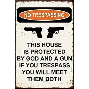 Funny "Protected By God & A Gun" Outdoor Metal Sign| 12x8 Inch Heavy-Duty Weatherproof Warning Decor| Second Amendment Ranch & Garage Gift| Distressed Vintage Design, Pre-Drilled for Easy Hanging