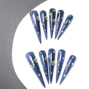 10Pcs Handmade Press on Nails Long Stiletto Acrylic Blue Galaxy Cat Eye Golden Ball Gift Box Include Jelly sticker