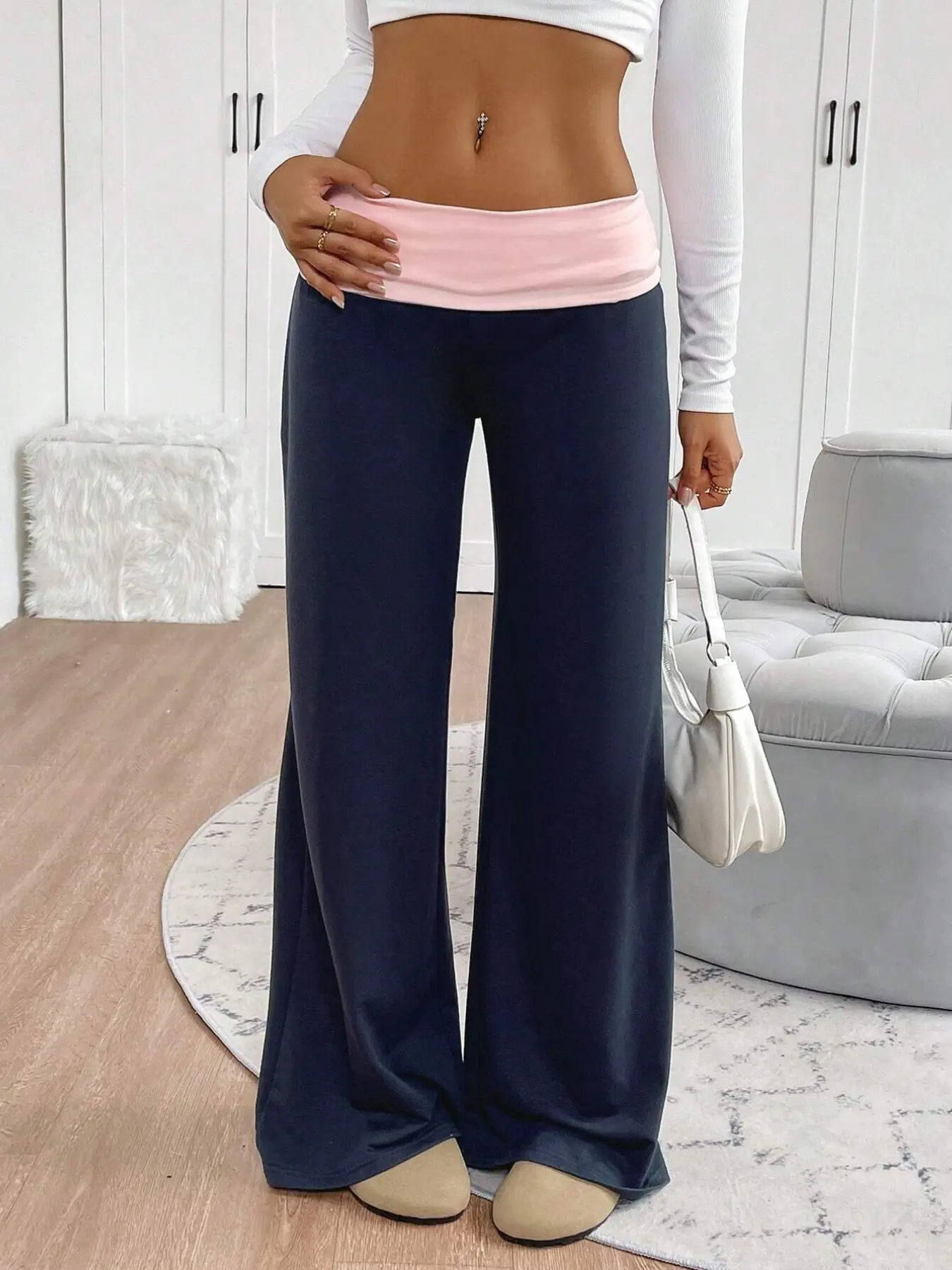 Women's Fold Over Waistband Wide Leg Pants 2026 Y2K Retro High Waisted Color Block Casual Fashion Trousers Casual Streetwear Aesthetic Summer Daily Trendy Outfits Viral TikTok Made Me Buy It Casual Summer Bottoms