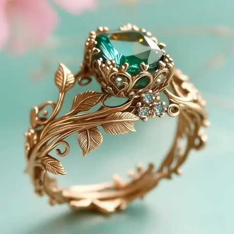 Women's Hand-Fabricated Green Crystal Ancient Totem Central Stone Ring - Zinc Alloy, Unisex Tribal Spiritual Style Rings, Energy Grounding, Spiritual Protection, Healing Properties, Female Business Accessory