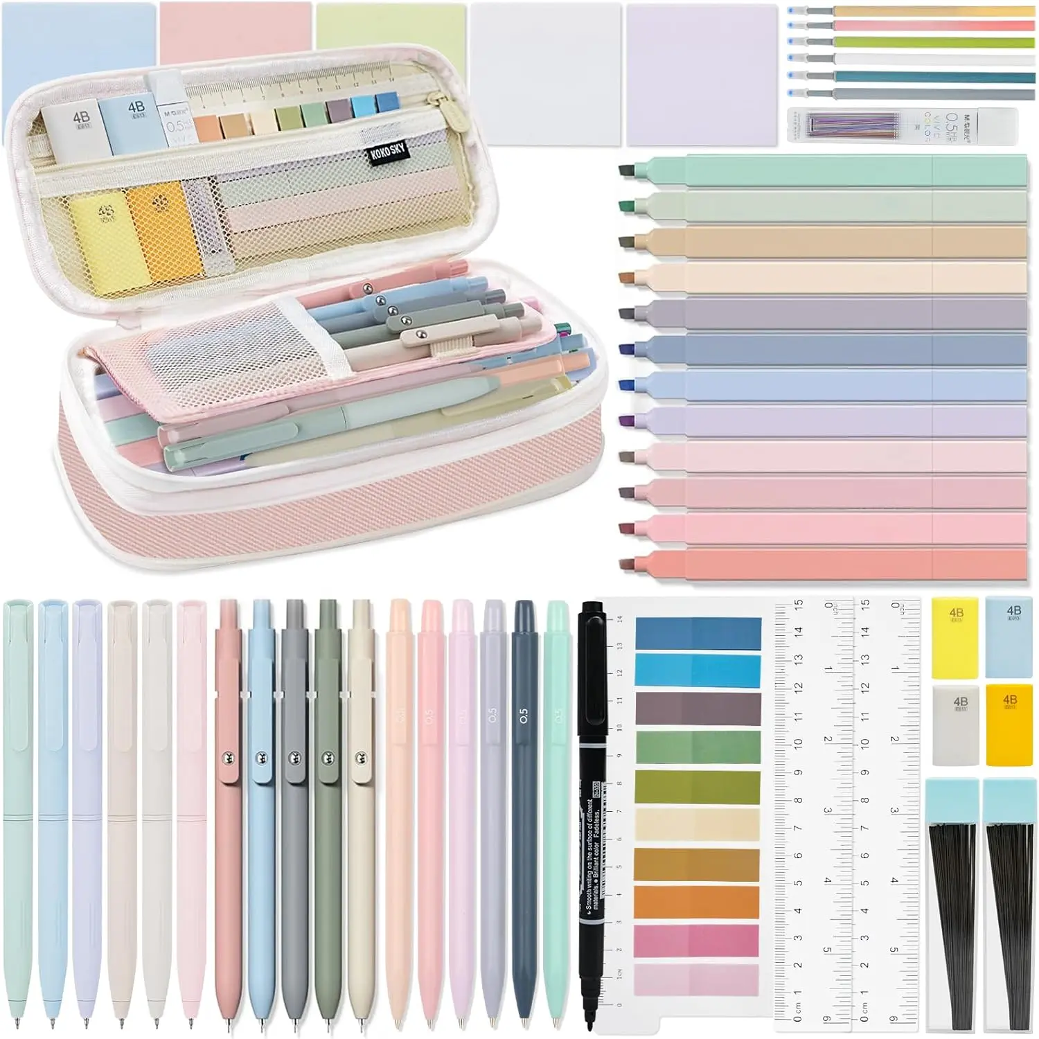 52 count Aesthetic School Supplies with Highlighters, Mechanical Pencils, Color Ink Gel pens, Pencil Case,  Study Supplies, Pens Pencils and Highlighters Set, Stationary Set for Student