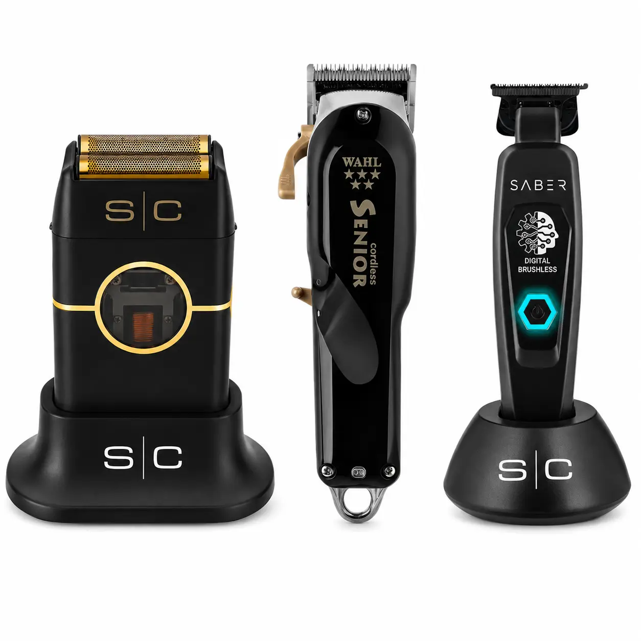Wahl Cordless Senior Clipper + StyleCraft Black Saber Trimmer + StyleCraft Instinct Metal Double Foil Shaver SC807B+SC403B+8504-308