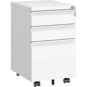 3 Drawer File Cabinet with Lock,Under Desk Rolling Small Filing Cabinet for Home Office Storage, Mobile Steel Cabinets with Wheels, Fully Assembled, White