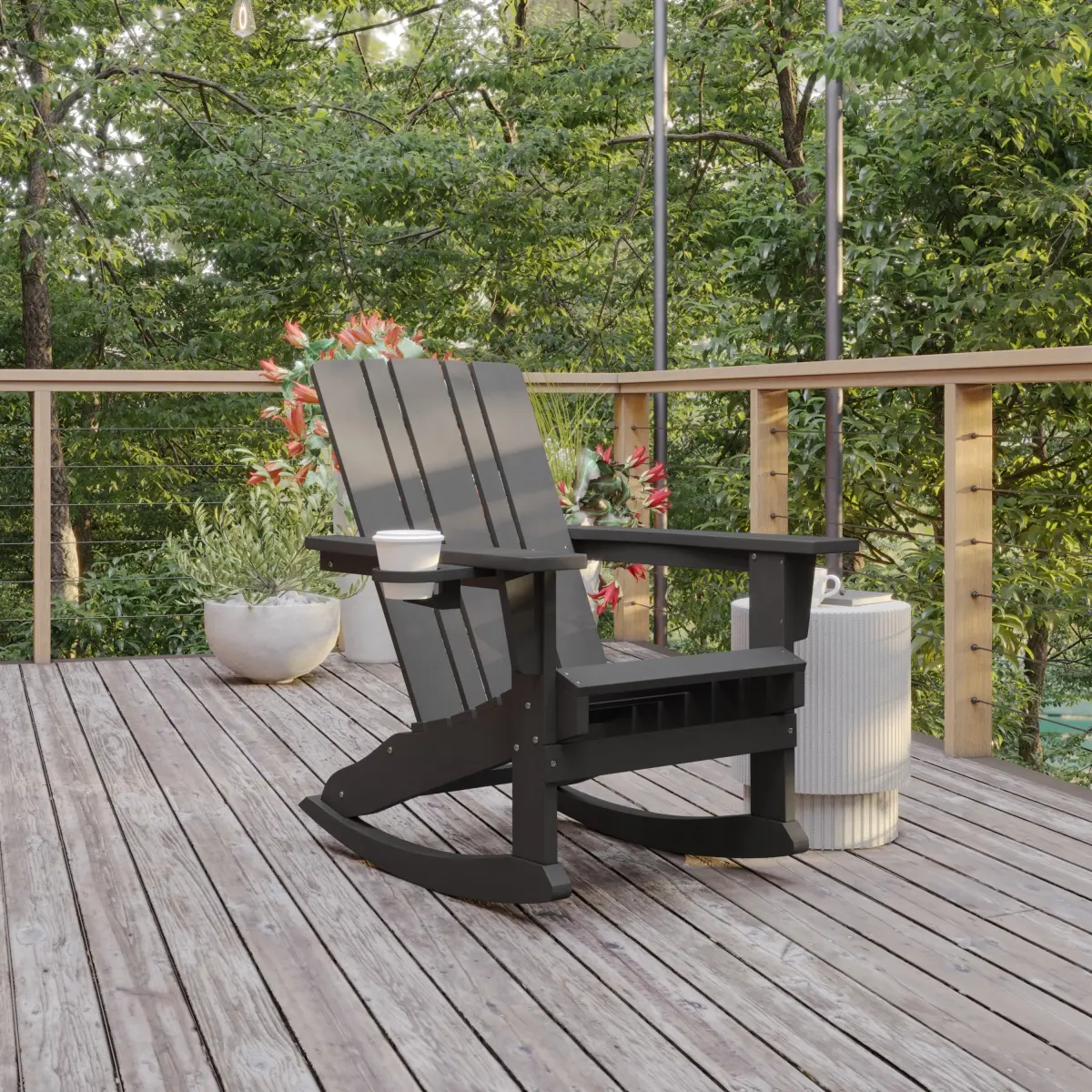 Flash Furniture LE-HMP-1045-31-GY-GG Halifax Adirondack Rocking Chair with Cup Holder, Weather Resistant HDPE Adirondack Rocking Chair in Gray