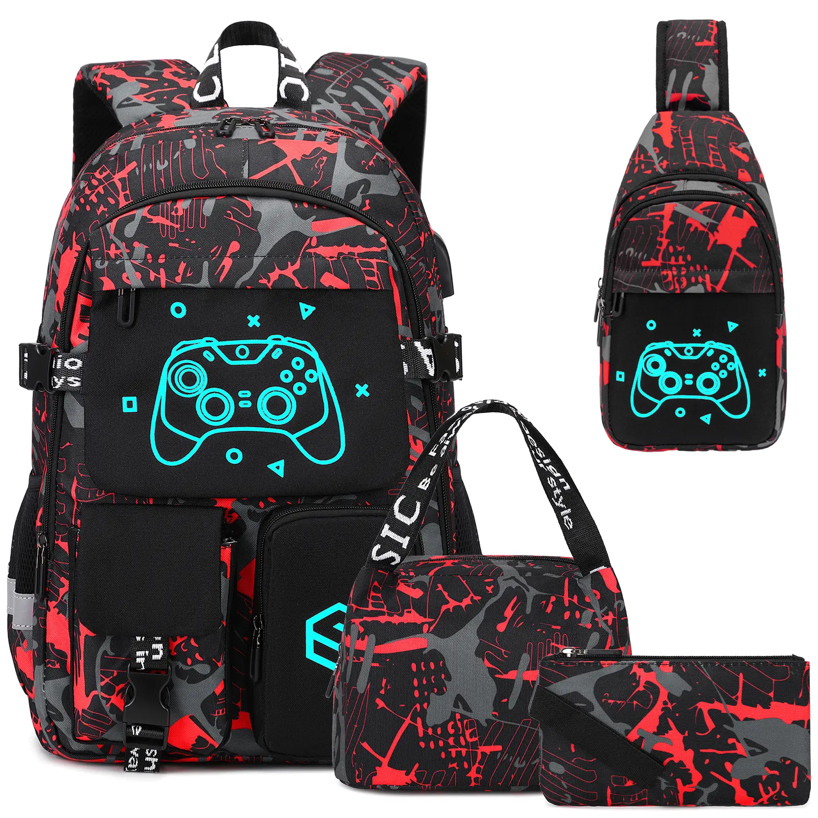 SIMILOVE Boys Backpack, 4PCS Cool Luminous Gamer School Backpacks for Boys with Sling Bag & Lunch Bag Pencil Case, Kids Backpack Kindergarten Elementary Middle School Book Bags for Teen Boy Children backtoschool