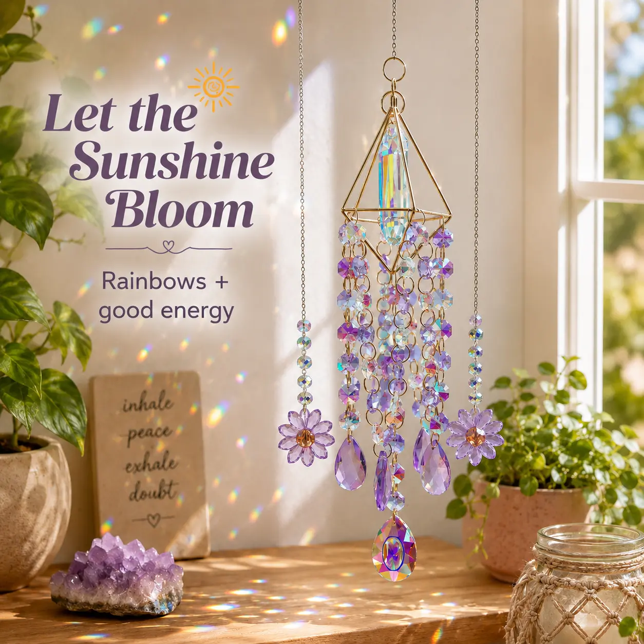 Whimsical Crystal Sun Catcher Window Hanging - Beaded Glass Crystal Suncatcher with Rainbow Sparkle, Whimsical Home Decor, Room Decor Ornament for Summer Vibes