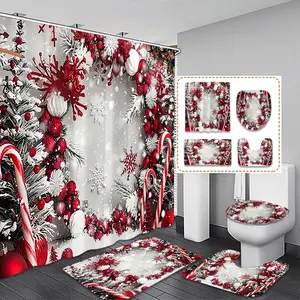 Christmas Bathroom Set with Shower Curtain, Toilet Seat Cover, Bath Mat, U-Shaped Pad, Christmas Elements, Home Decor Essentials, Bathroom Decoration Accessories