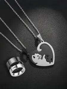 Cute Cat Design Pendant Necklace & Ring & Bracelet, Stainless Steel for Women & Men, Trendy All-match & Exquisite Matching Jewelry Set for Birthday Gift