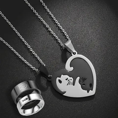 Cute Cat Design Pendant Necklace & Ring & Bracelet, Stainless Steel for Women & Men, Trendy All-match & Exquisite Matching Fashionable Jewelry Set for Birthday Gift