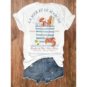 Lobster Seafood Market Graphic Tee Womens Cute Coastal Vintage Summer Short Sleeve Crewneck Casual Loose Fit Soft Top Beach Vacation Outfit