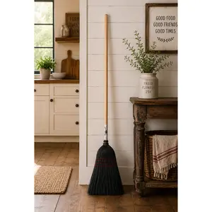 AUTHENTIC AMISH BLACK HOUSE BROOM - Heavy Duty Corn Straw & Solid Hardwood