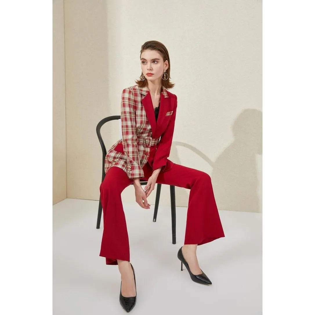 Red Checkered Color-block Pantsuit
