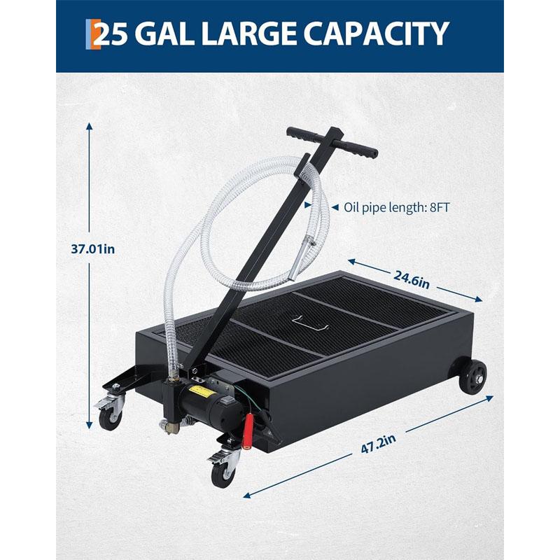 20/25 Gallon Low Profile Oil Drain Pan, Oil Change Pan with 12v Electric Pump, 8FT Hose & Folding Handle Rolling Oil Drain Cart Design for Cars, SUVs, Trucks, Buses, RVs