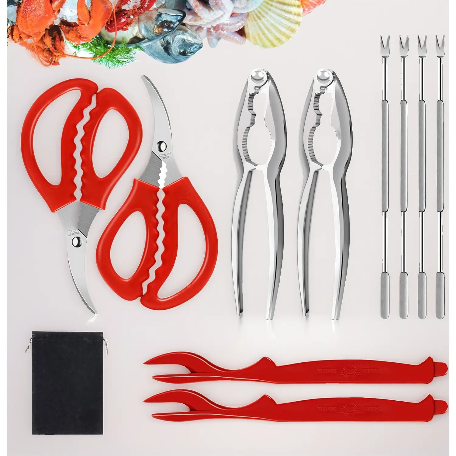 10 Pcs Seafood Tools Set Includes Crab Lobster Crackers, Stainless Steel Crab Forks/Picks, Lobster Shellers and Seafood Scissors, Nut Cracker Set for Crab Leg Crackers Tool