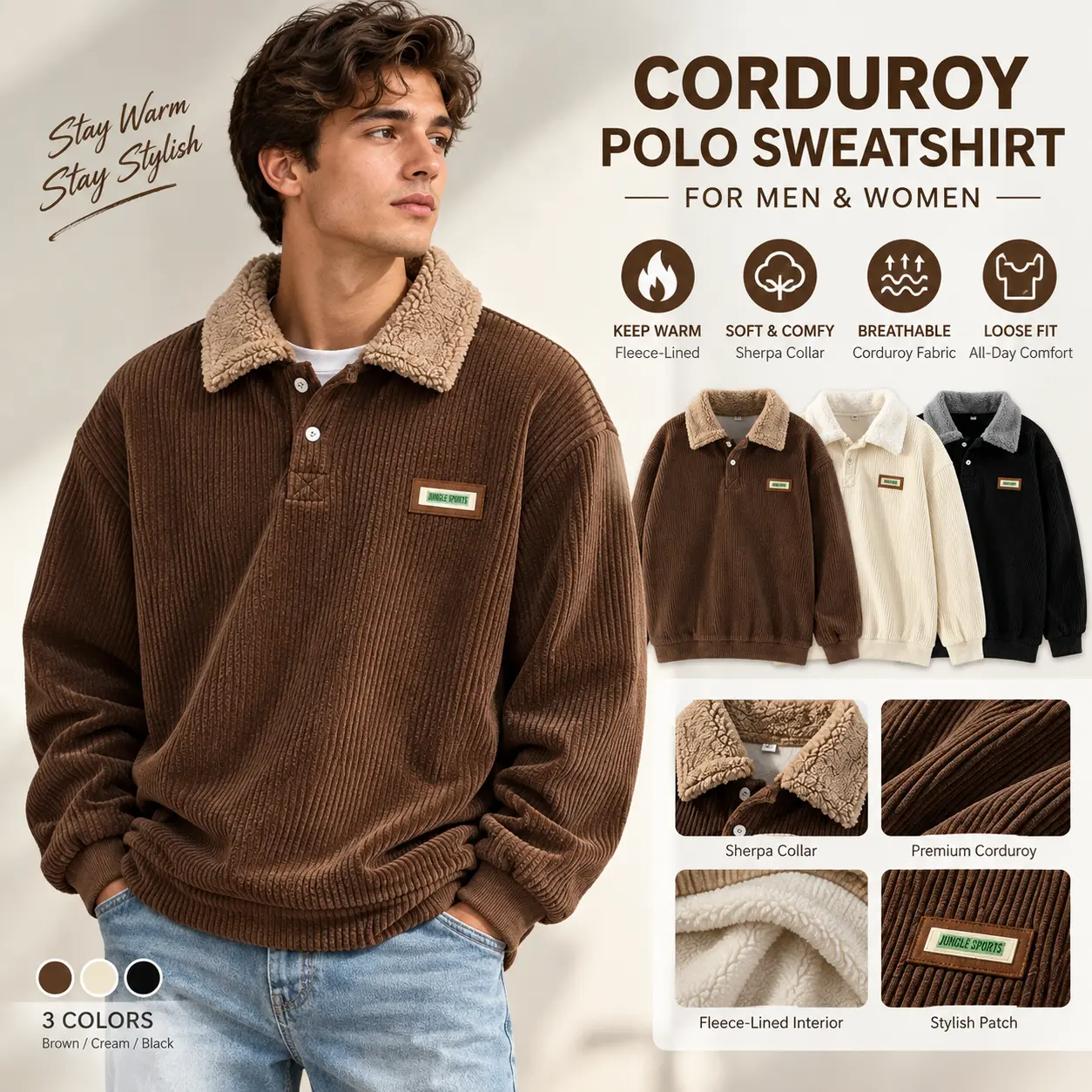 Corduroy Polo Pullover Sweatshirt, Fleece-Lined Sherpa Collar, Loose Fit Long Sleeve Top for Men & Women, Casual Fall Winter Sweater