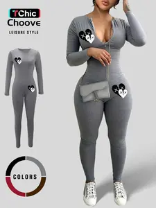 Women's Heart Print Zipper Fitted Jumpsuit, Casual Long Sleeve Round Neck Jumpsuit for Daily Wear, Womenswear, Ladies Clothes for All Seasons, Medium