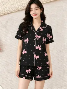 Three-Piece Bow Print Pajama Set for Women, Open Front Short Sleeve Top, Shorts and Long Pants, Casual Home Wear, Loungewear