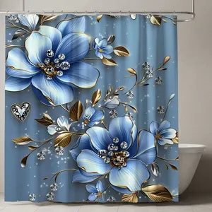 Elegant Floral Shower Curtain with Diamond Accent, Golden Leaves, Light Blue Background, Bathroom Decor, Spring Summer Glamour, Bathroom Accessory
