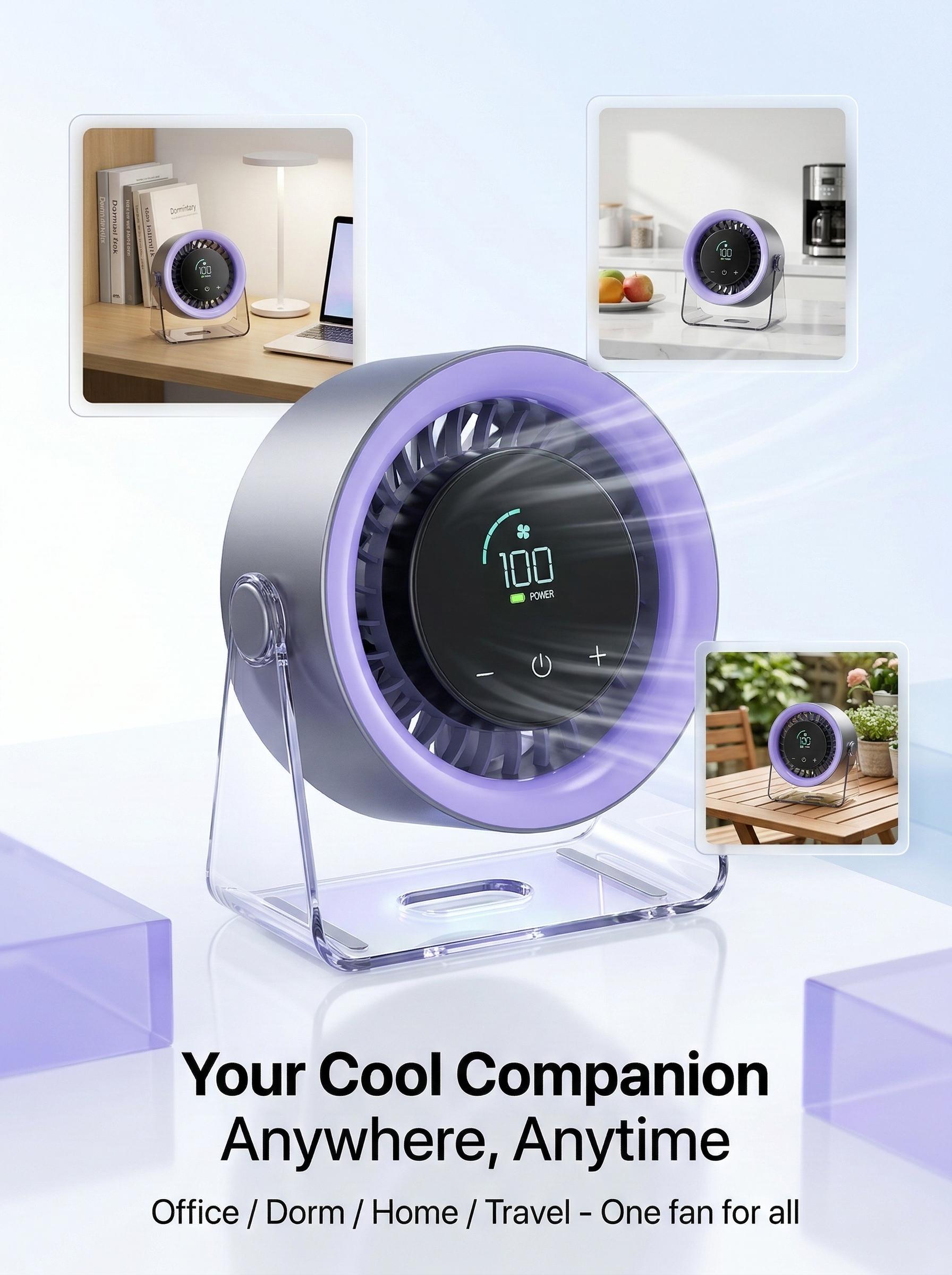 Desktop Fan Turbo Table Fan Travel Vacation Essentials for Office 100-Speed Digital Display Low Noise Rechargeable Battery Dual Adjustment Modes Quiet Cooling Quiet Desk Fan Portable, Purple