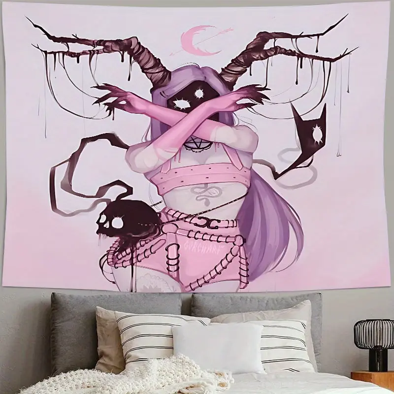 Cool Monster Tapestry - Pink Skeleton Demon Design, Polyester Material, Wall Hanging for Living Room, Bedroom, Dorm Decor, Includes