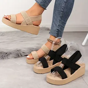 Women's Summer Wedge Sandals, Casual Round Open Toe Elastic Band Shoes, Comfortable Slip On Beach Sandals Footwear Girl wide feet sandals comfy sandals Classic Parent wide feet sandals Khaki platform sandals