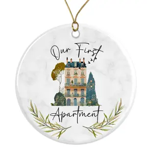 Our First Apartment Ornament - New Home Housewarming Gift - Couples Keepsake - First Home Ornament - Personalized House Decor Ceramic Ornament -  - 3 Inch Christmas Tree Round Ornament - Xmas Holiday Decor - String Included - ORNW0287