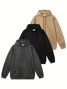 Men's Suede Hoodie Set, Fall New Fashion Solid Color Casual Pullover, Trendy Versatile Hooded Sweatshirt Jacket, 3 Piece Pack