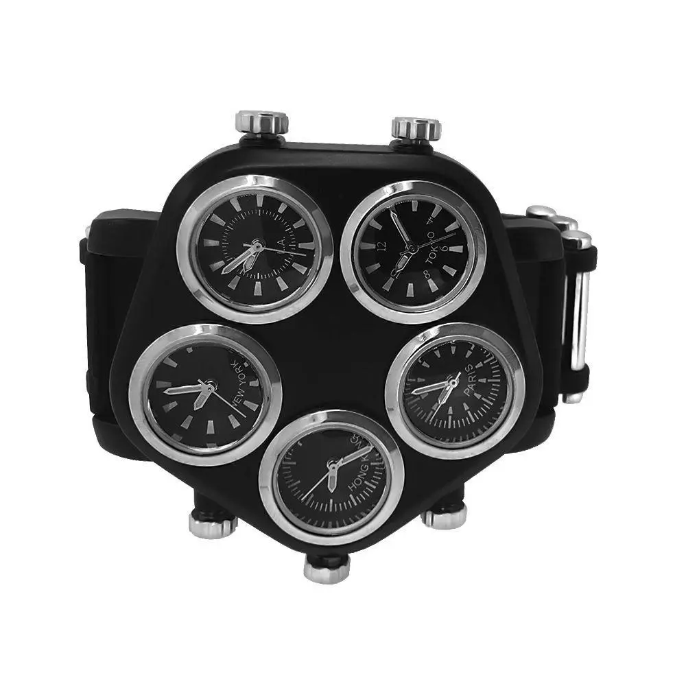 Fashion Jewelry Silver Rings - 5-Timezone New-Style Black Watch Design, 5-Zones Functional Costume Accessory, Five Zones