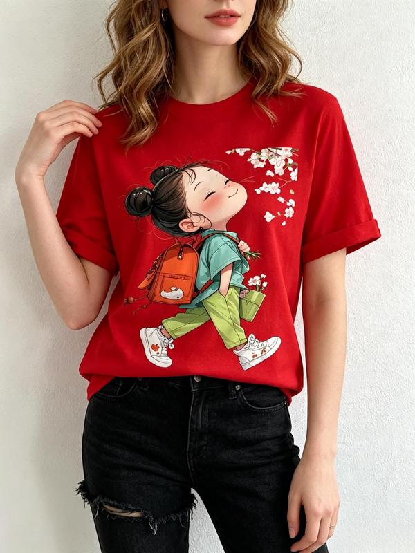 Women's Red Cropped Cotton Graphic T-Shirt - Cute Cherry Blossom Girl Cartoon Retro Double Bun Print, Fitted Crew Neck Short Cap Sleeves Fabric Top, Short Style for Casual Wear, Valentine's Day