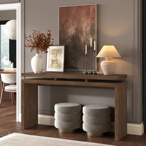 60'' Antique Brown Farmhouse Console Table - Solid Wood & MDF Retro Entryway Piece with Double Board Suspension Design, Living Room Sofa Accent
