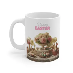 Happy Easter, Vintage Scenery, Fun Bunny, Pink Flowers, Easter Day, Easter Bunny, Coffee Mug, Vintage Aesthetic, Cute Bunny, White Mug 11oz