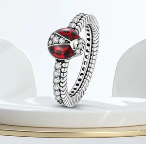 Quality Sterling Silver Plated Cartoon Ladybug Zirconia Ring (Size 6, 7, 8, 9)