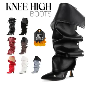 VIMISAOI Knee High Boots for Women Stiletto Fold Over Boots Pointed Toe High Heels Ruched Slouchy Mid Calf Boots Detachable Snap off Panel Fashion Boots